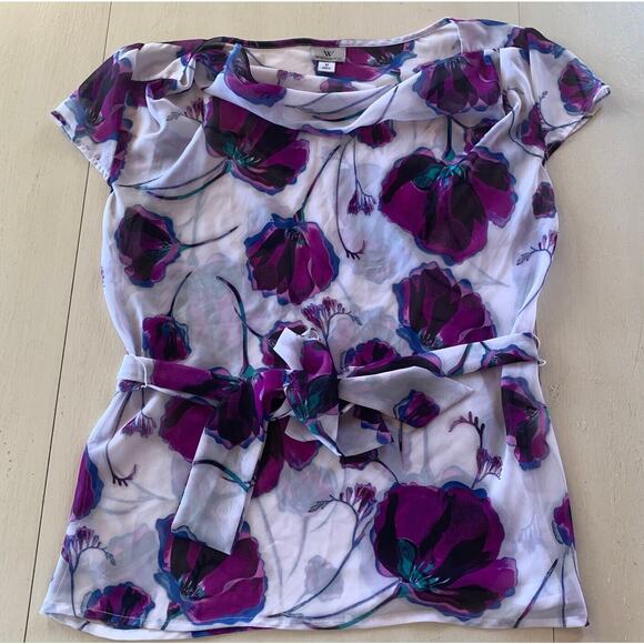Worthington Sheer Top Blouse Floral Tie Belt Chiffon Ladies Medium M - Picture 2 of 7